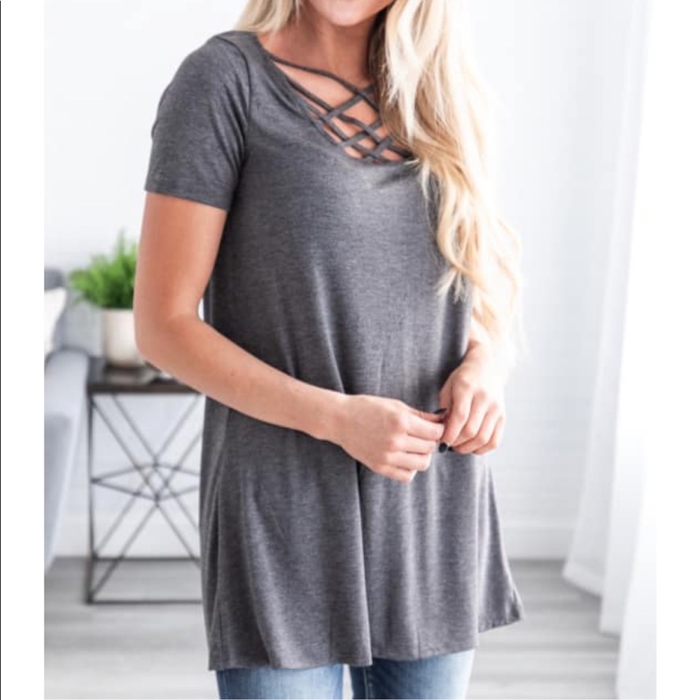 Charcoal Lattice criss Cross top tunic - Picture 2 of 2
